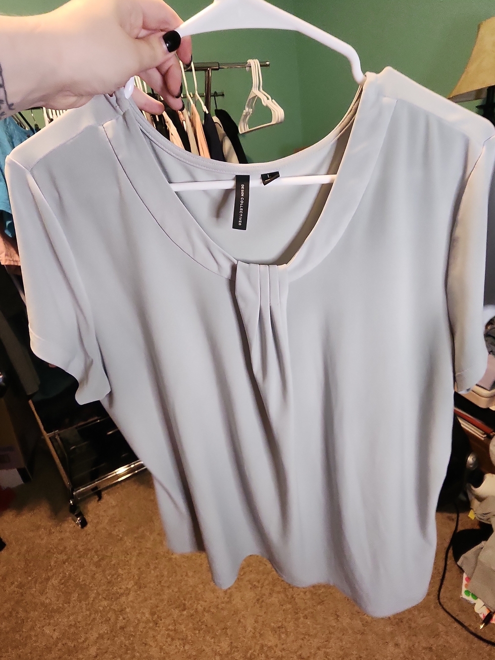 Design Collective Light Blue Blouse Size Large Short Sleeve Pleated Neck